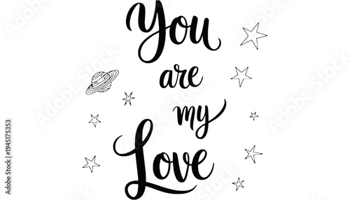 Love quote vector illustration with stars and planets in black and white