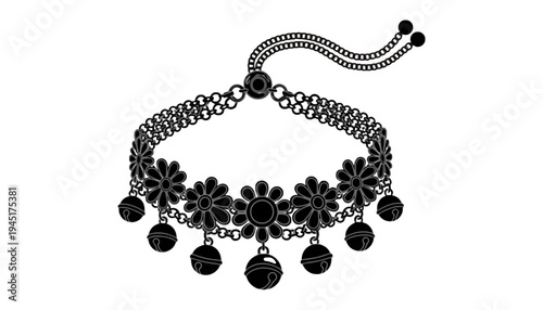 A black flower anklet with chain and bell details illustration