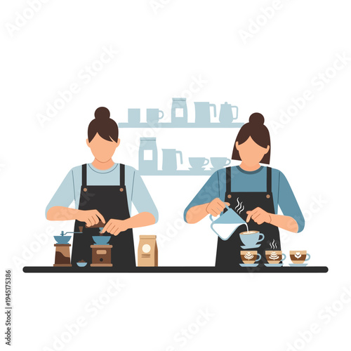 Baristas preparing coffee with grinder and pouring milk into cup at counter