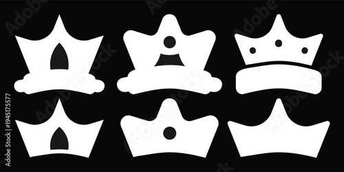 Minimalist Crown Icon Set, Luxury King and Queen Vector Logos, Royal Headwear Symbols Isolated on Black