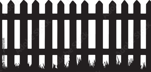 A black and white silhouette of a weathered wooden picket fence