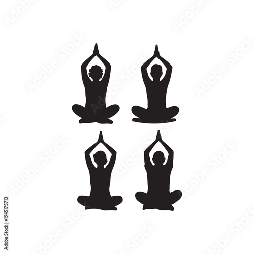 Four black silhouettes of people meditating in a lotus position with hands raised on a white background