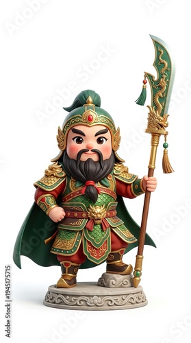 Cute Chibi Guan Yu Holding Green Dragon Crescent Blade 3D Illustration pure white background

