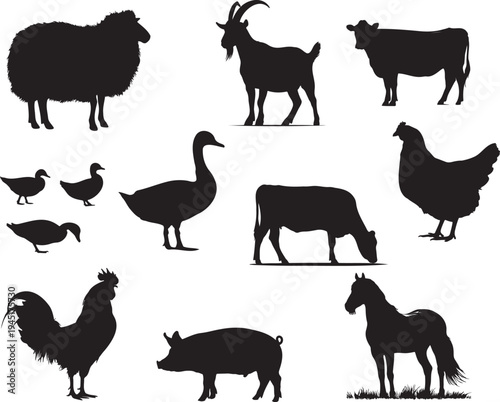 Collection of black silhouettes of various farm animals and birds on a white background