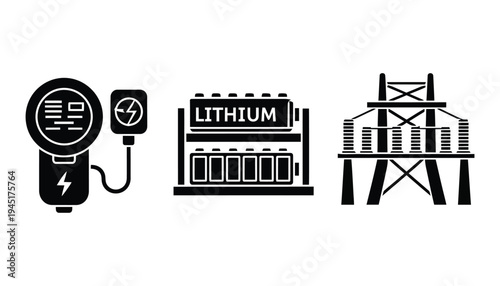 Lithium battery icon set with charging station and power tower