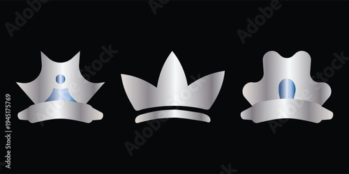 Silver crown icons set, metallic royal headwear vector for logo and awards