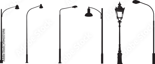Collection of various street lamp posts in silhouette