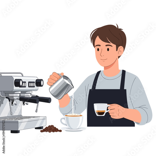 Barista making latte art with espresso machine and milk pitcher, coffee shop scene