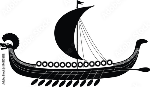 Black silhouette of a Viking longship with a dragon head prow and oars on a white background boat