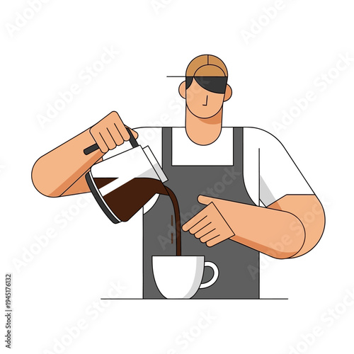Barista pouring coffee into cup, flat design illustration, professional coffee preparation