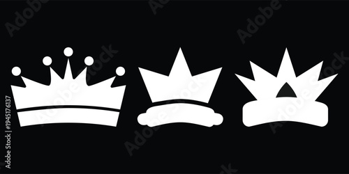 Minimalist Crown Icon Set, Luxury King and Queen Vector Logos, Royal Headwear Symbols Isolated on Black