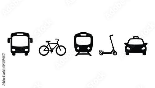 Transportation icon set including bus, bicycle, train, scooter, and taxi