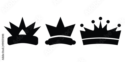 Set of royal crown silhouettes, black king and queen icons isolated on white