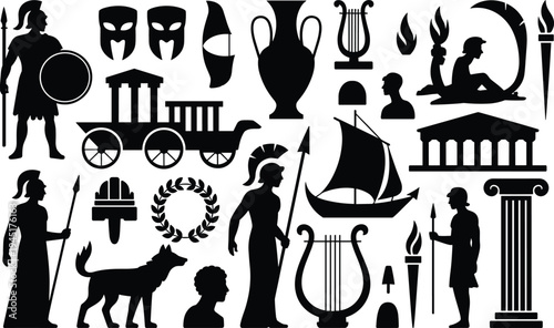 Collage of Ancient Greek and Roman Silhouettes Including Warriors, Gods, and Artifacts vector illustration