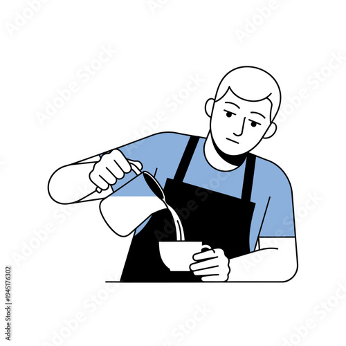 Barista pouring milk into coffee cup, latte art preparation, skilled cafe worker making beverage