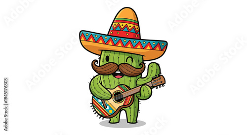 Cactus wearing sombrero plays guitar.