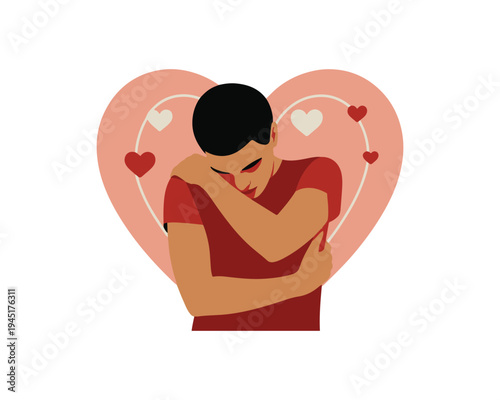 Of a person embracing themselves with a large heart shape and smaller hearts in the background symbolizing self-love and