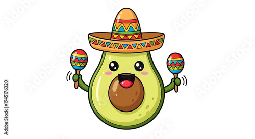 Cartoon Avocado Wearing Sombrero Maracas.