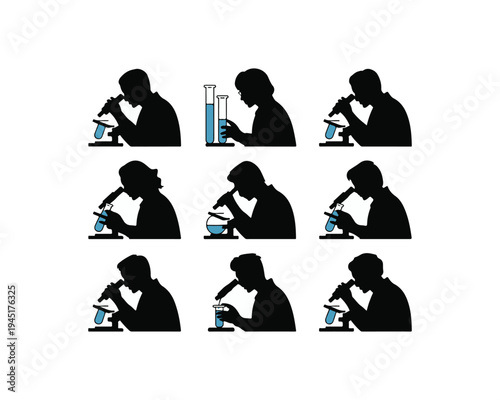 Scientific Research Laboratory Silhouettes with Microscopes and Test Tubes Vector set