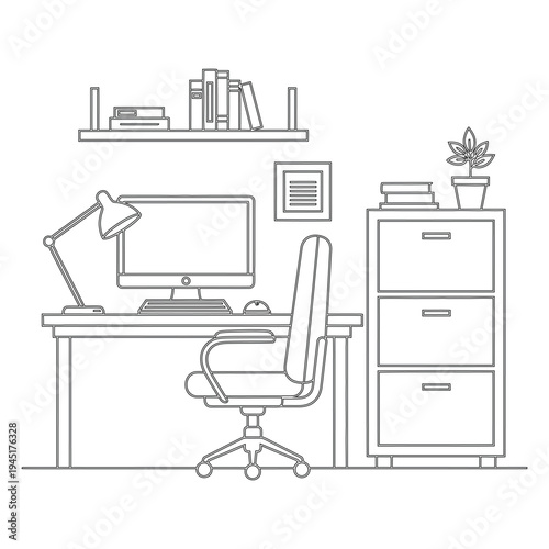 Minimalist office desk setup with computer chair bookshelf filing cabinet and plant