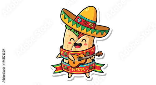 Cartoon taco wearing sombrero smiling.
