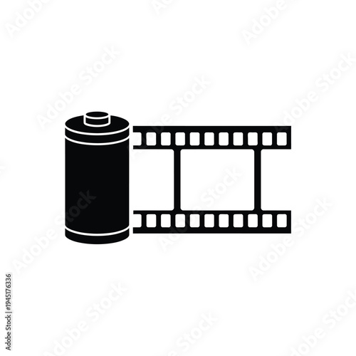 A black film camera with a film strip extending from the right side isolated on white background, Vector, illustration