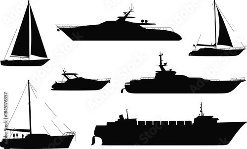 Collection of Silhouettes of Various Boats and Ships on a White Background yacht sailboat