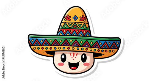 Cartoon face in colorful sombrero hat.
