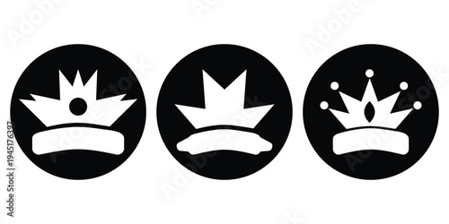 Set of royal crown silhouettes, black king and queen icons isolated on white