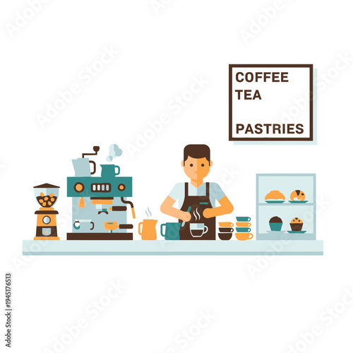 Barista preparing coffee at a cafe counter with pastries and coffee machine