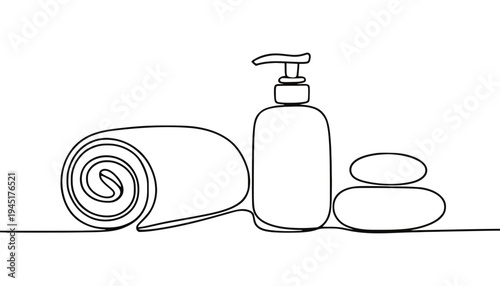 Soap bottle and towel minimalist line art illustration for spa