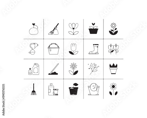 Outline for Gardening Tools and Plant on a White Grid Background