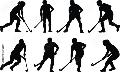 Multiple Silhouettes of Field Hockey Players in Action on a White Background sport athlete