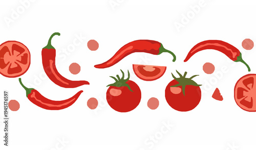 Chili pepper and tomato spicy ingredient vector background fresh hot food design