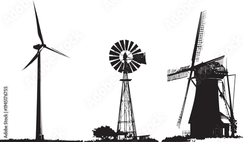 Silhouettes of modern wind turbine, farm windmill, and historic windmill