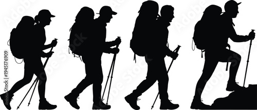 Silhouettes of Hikers with Backpacks and Trekking Poles on a White Background hiking backpacker