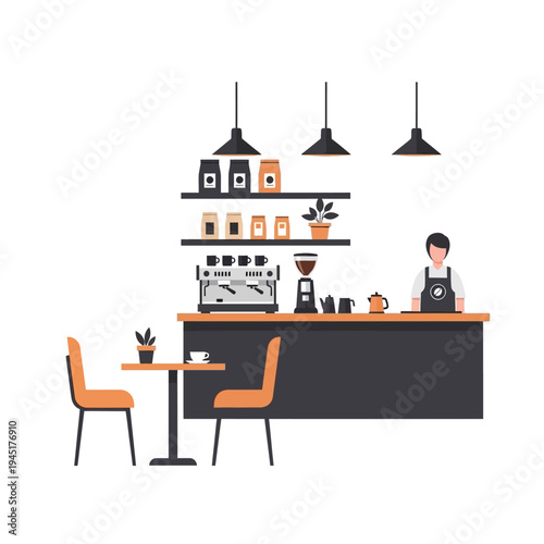 Barista serving coffee at counter in cozy cafe with espresso machine and seating