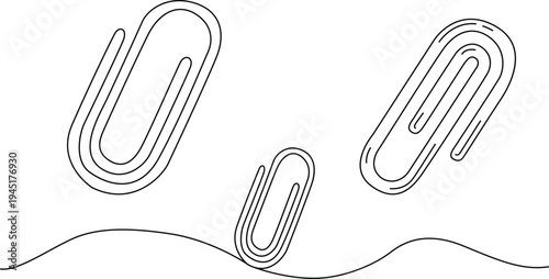 Three paper clips in a row on a wavy surface, depicted in a minimalist line art style. Vector