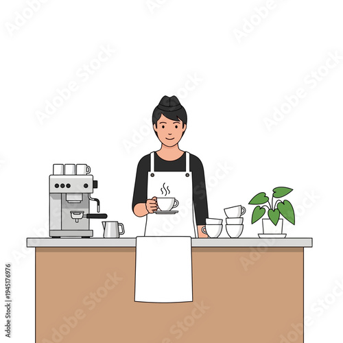 Barista serving coffee at counter with espresso machine and plants