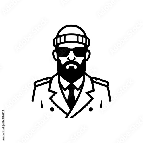 Bearded man icon with beanie, sunglasses, and suit