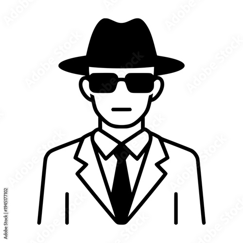 Mysterious Man Secret Agent Icon with Fedora and Sunglasses in Suit