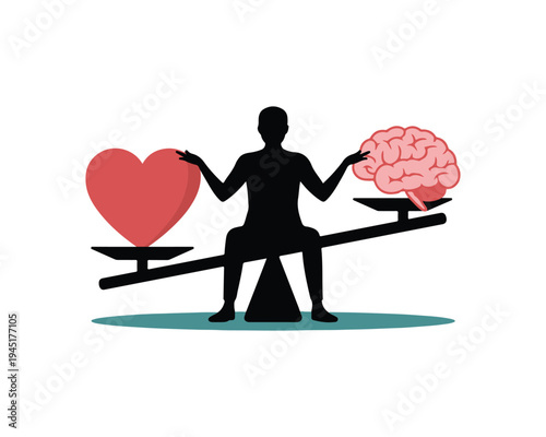 Silhouette of a person sitting on a seesaw balancing a large red heart on one side and a pink brain on the other Keywords