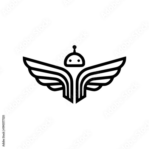 Minimalist winged robot icon in line art style