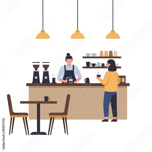 Barista serving coffee to customer at cafe counter with coffee machines and tables
