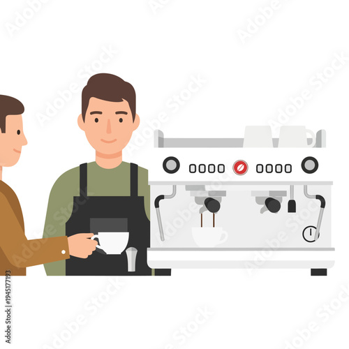 Barista serving coffee to customer at cafe counter with espresso machine
