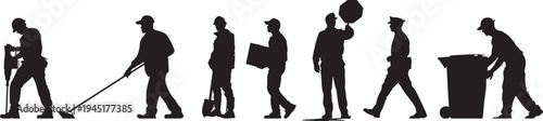Silhouettes of men performing various jobs and tasks outdoors