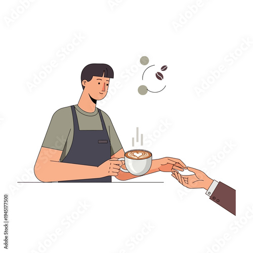 Barista serving latte art coffee cup with heart to customer hand in cafe