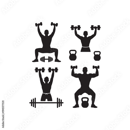 Silhouettes of muscular men lifting weights and kettlebells demonstrating strength training and bodybuilding exercises on a