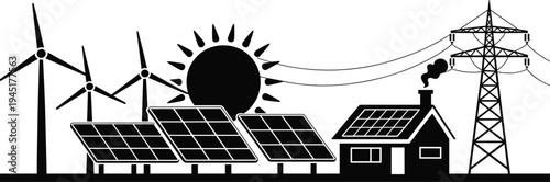 renewable, energy, solar, panels, wind, turbines, power, electricity, sun, house, grid, sustainable, technology, green, environment, silhouette, generation, eco, clean, illustration