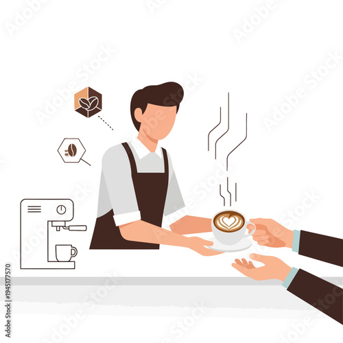 Barista serving latte art coffee to customer at cafe counter